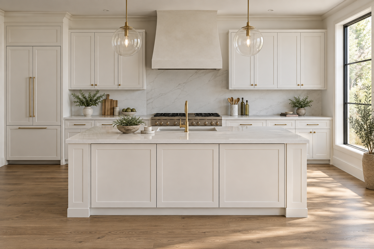 A bright architectural kitchen with white cabinetry, a quartz island and warm oak flooring